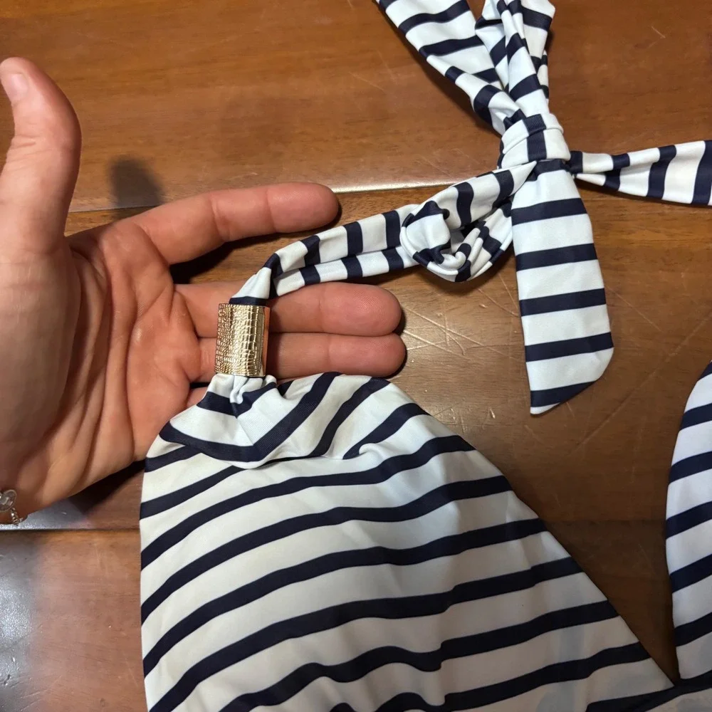 Black White Striped Halter Tankini Top‎ Ruched Sides Gold Hardware Large
